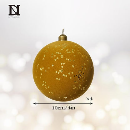 DN DECONATION 4PCS Christmas Tree Ball Ornaments – Brown & Gold Velvet Christmas Balls Decor with Ribbons, 4” Plastic Ball Ornament for Xmas Tree, Holiday Decorations Rustic Farmhouse Decor