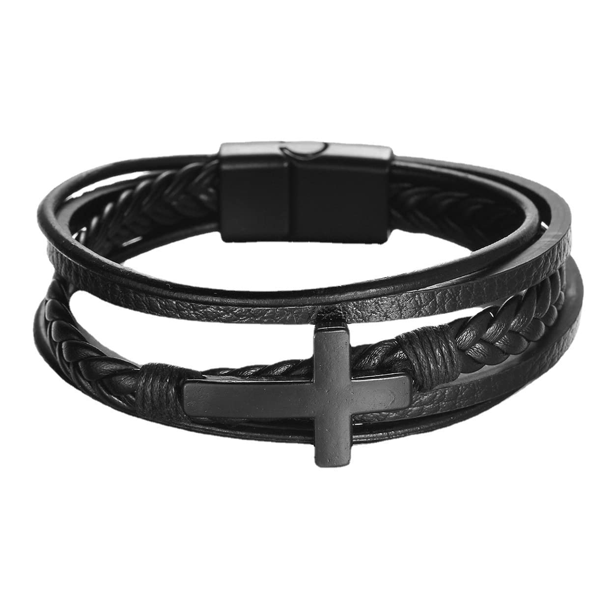 Arcutina Men's Black Leather Multi-Strand Bracelet Casual Brown Braided Bracelet (Multi-layer with Cross, Length 7.5'')