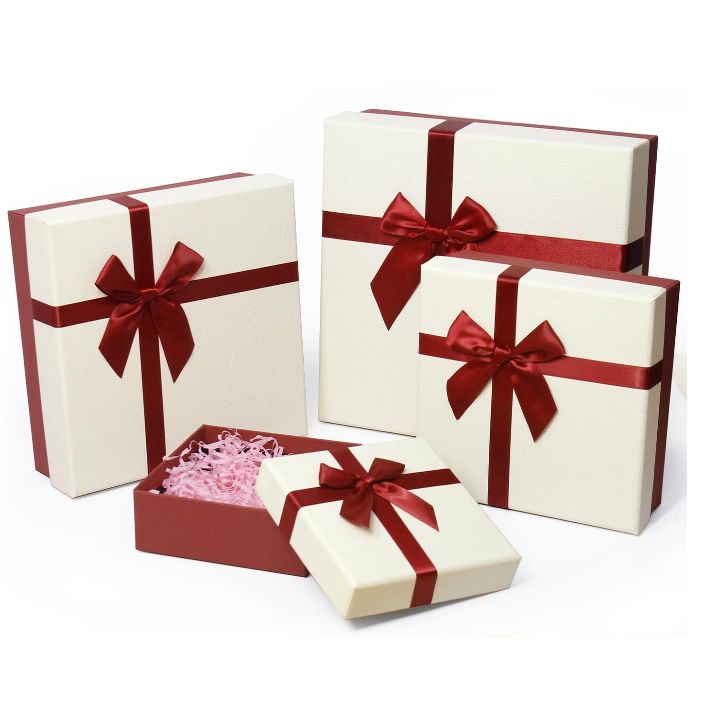 Giftilious Gift Box for Presents – A Set of 4 Elegant Gift Boxes with Lids, Luxury Textured Finish & Satin Ribbon, Ideal Gift Box for Mother's Day, Ready to Gift – No Assembly Required