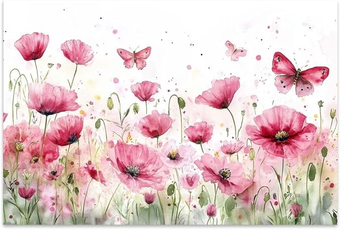 Yesad Poppies Wall Art, Pink Poppy Canvas Wall Art Flower Pictures Floral Poster Prints Farmhouse Wall Décor for Living Room Bedroom Home Decorations (Unframed,12”x8”, Poppy3)