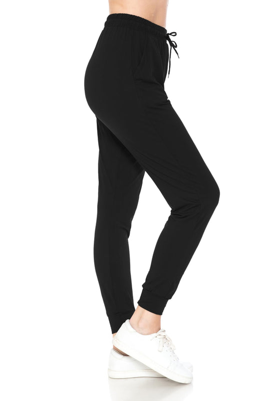 Leggings Depot Womens Classic Jogger Pants - Track Cuff Sweatpants with Pockets, Black, Medium