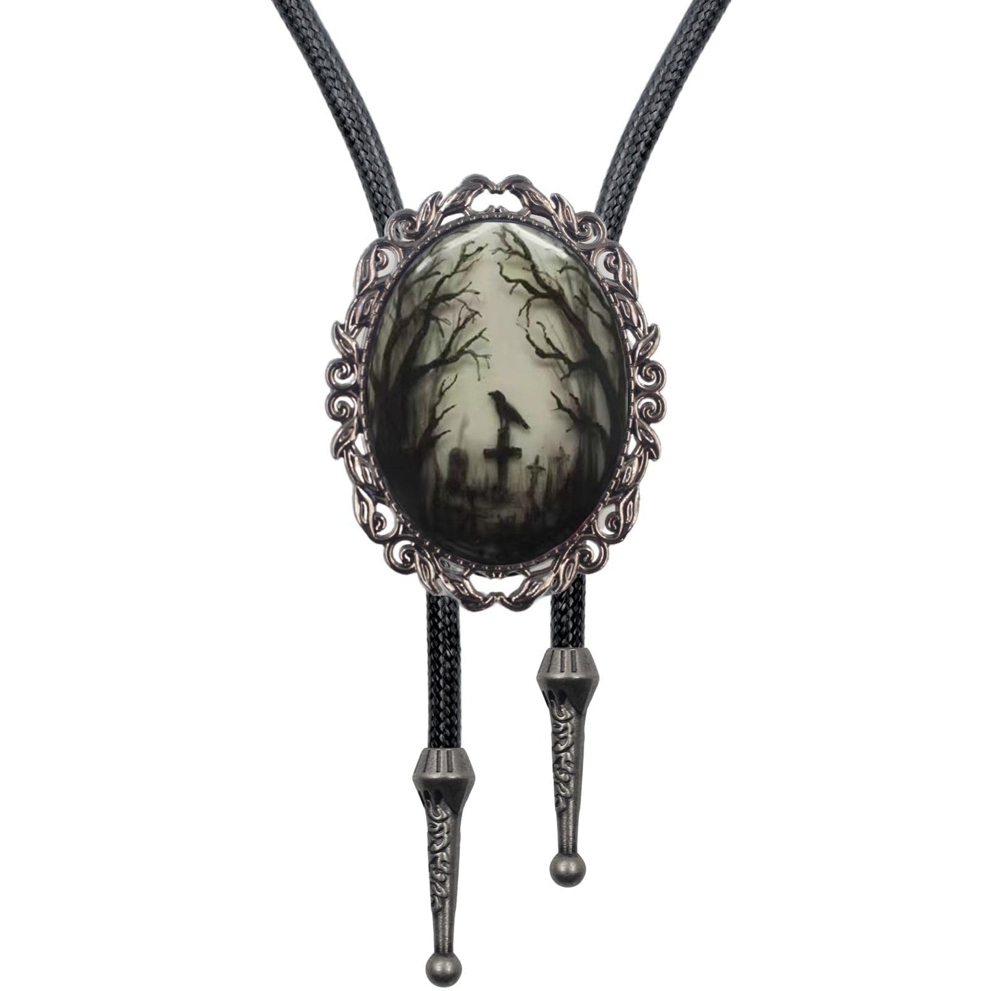 PEARLY JUN Gothic Bolo Tie for Men Women Cameo Western Cowboy Black Cat Bat Witch Vintage Halloween Jewelry Accessories Gifts (Black Cross Crow)
