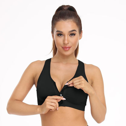 Women's Zip Front Sports Bra - Wireless, Post-Surgery, Padded, Racerback, Active, Yoga, Bust Reduction (X-Large, 3 Pack (Black+Grey+Bean Paste))