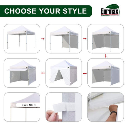Eurmax USA 10x10 Pop Up Canopy,Commercial Tent with Patented No-Tip Rolling Bag,30sqft Extension Awning & 4 Zippered Removable Walls,UV & Water Resistant,Heavy Duty Instant Shelter Gazebo,White