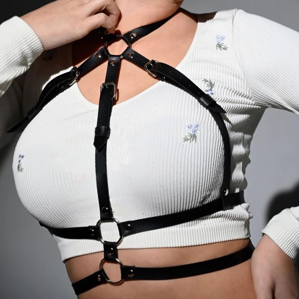 Punk Black Leather Chest Harness for Women, Gothic Body Harness Belt with Adjustable Pu Leather Chains, Sexy Waist Body Chain Jewelry for Rave, Club Party, Halloween Costume Accessories
