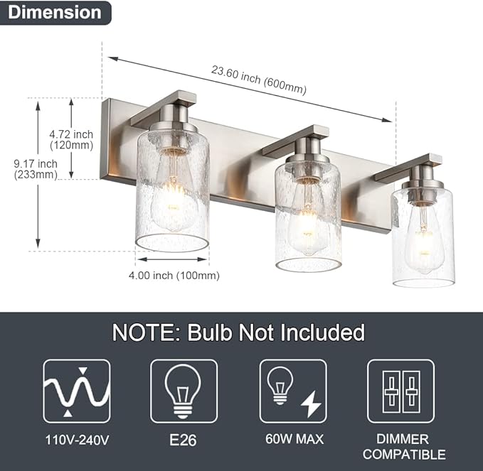 Brushed Nickel Bathroom Vanity Light Over Mirror, 3-Lights Metal Wall Lighting Fixtures with Seeded Glass Shades