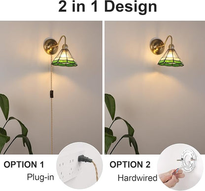 Vintage Wall Sconce, Wall Lamps with Green Multilayer Petal Sconce, Stained Glass Shade Brass Wall Lights Fixture with Plug in Cord and Switch for Bedroom Bathroom Living Room Hallway