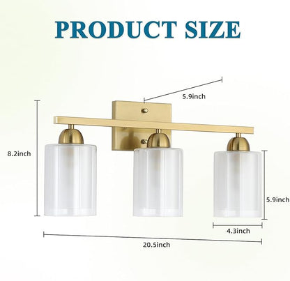 Stainless Steel Bathroom Vanity Light Over Mirror, 3 Light Brushed Gold Bathroom Light Fixtures with Milk Glass and Clear Glass Shades, Modern Vanity Lighting Wall Mount