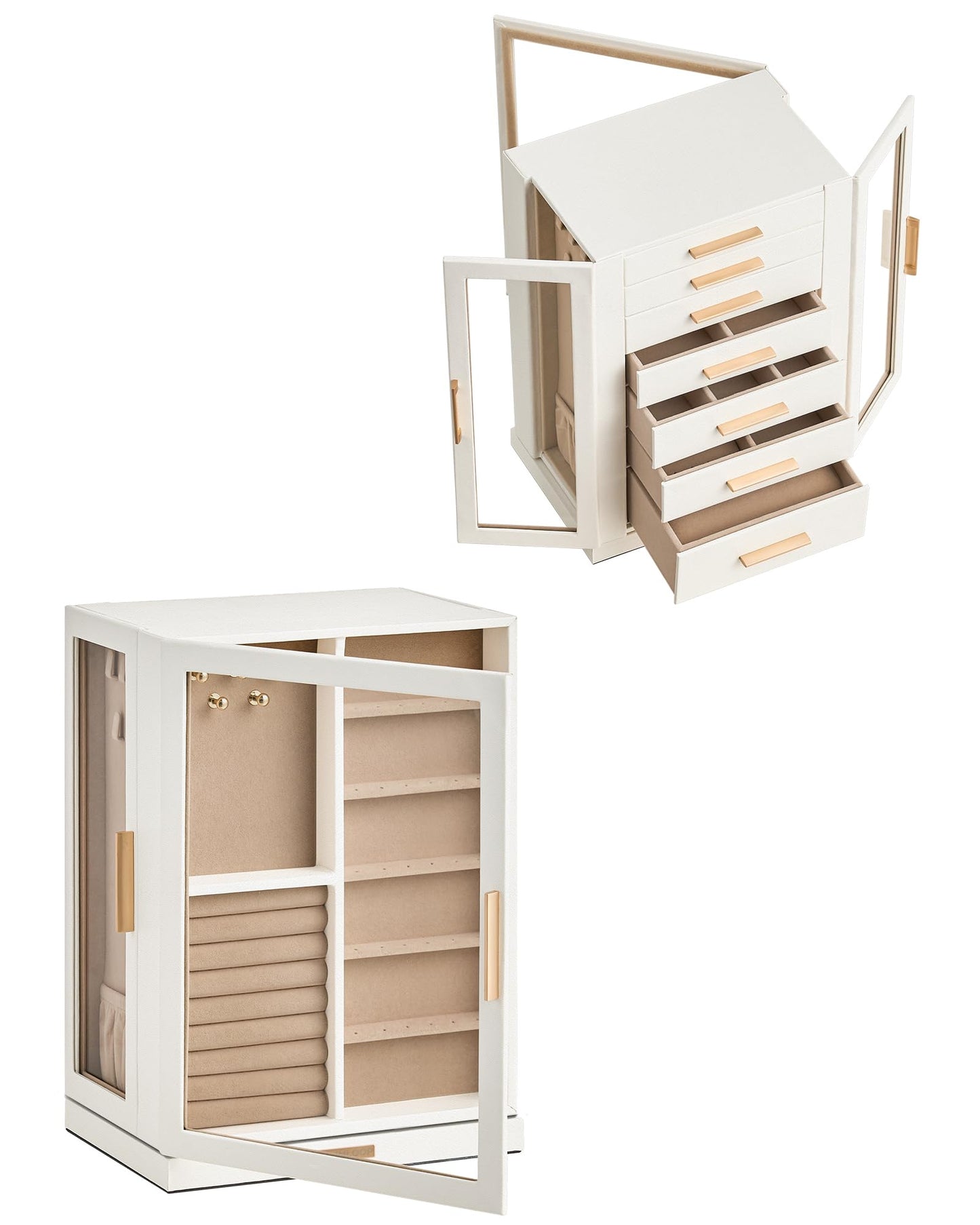 Glimmloop 360° Rotating Jewelry Box with 7 Drawers, Spacious Vertical Jewelry Organizer with Glass Window, Jewelry Storage Case, Dustproof & Moisture-resistant Design, White