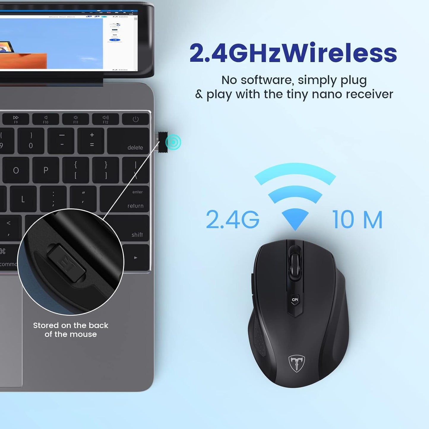 Wireless Mouse, D-09 Computer Mouse USB Cordless Mice for Laptop, Ergo Grips, Lightspeed 5-Level 2400 DPI, 16 Months Battery, Portable for PC Mac Chromebook (Black)
