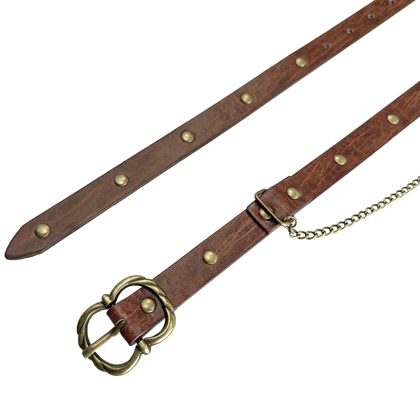 HiiFeuer Medieval DIY Faux Leather Metal Chain Belt, Vintage Adjustable Thin Belt For Women, Retro Skinny Belt For Dresses (Brown A)