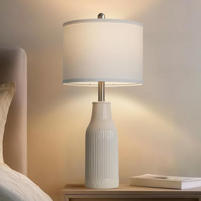 24.5" Modern Ceramic Table Lamp for Nightstand, Farmhouse Bedside Lamp for Bedroom, Small Table Lamps for Living Room End Table, Beige (1 Pack)