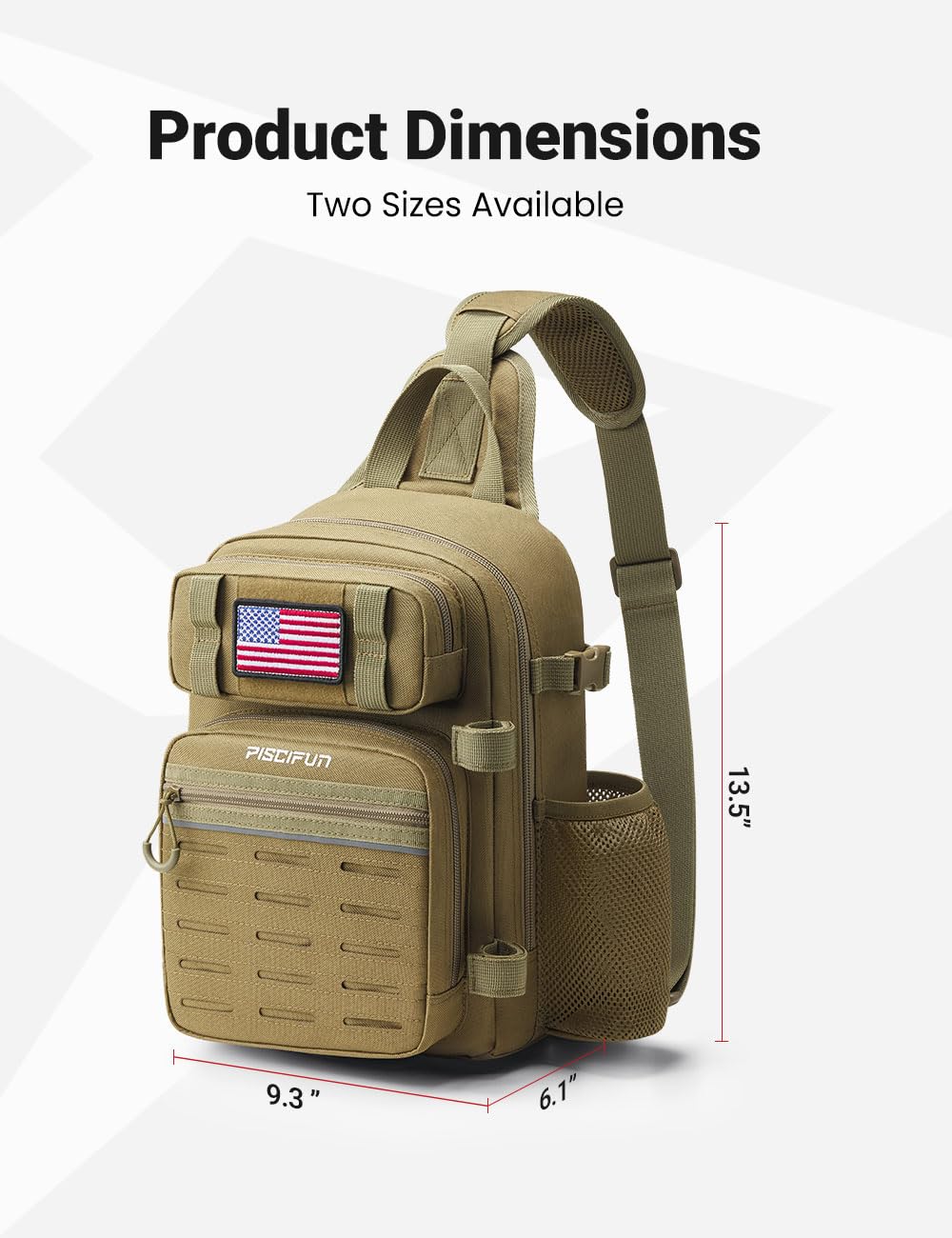 Piscifun Fishing Backpack Tackle Bag with 2 Rod Holders, Multi-Compartment Storage, MOLLE System, Water-Resistant Lightweight Outdoor Pack,Single Shoulder Khaki Standard