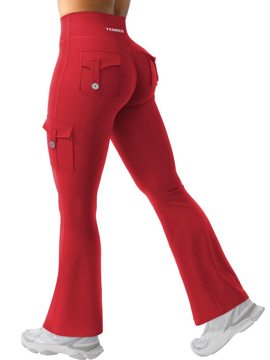 YEOREO CoreFlex Women Workout Flare Leggings with Pockets Scrunch Cargo Gym Yoga Leggings 28" Inseam Red S