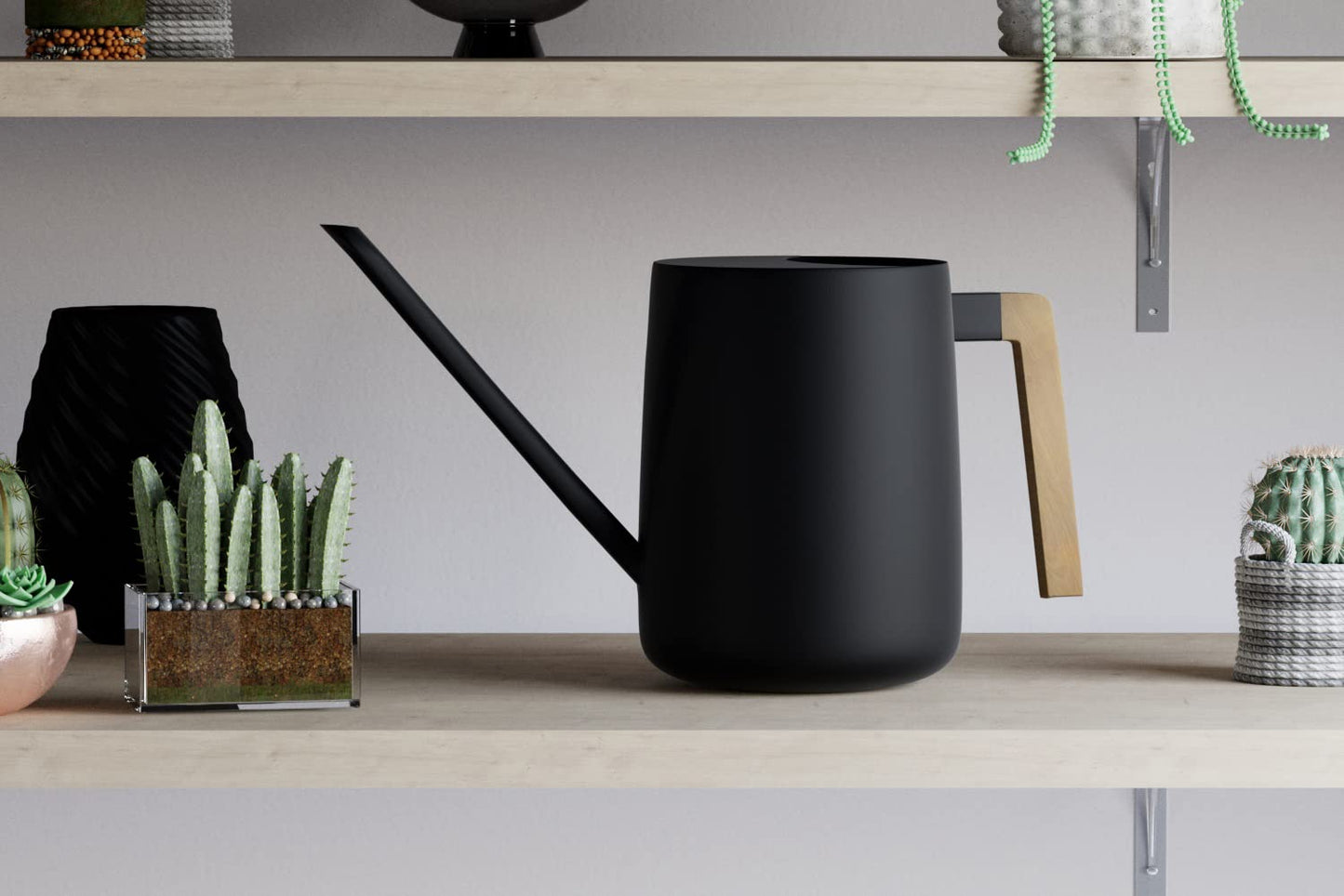 35 Ounce Metal Small Indoor Watering Can with Long Spout & Real Wood Handle for House Plants, Succulents, Cacti & Seedlings - Black Long Spout Watering Can Indoor Plants - Gentle Flow & No Spills