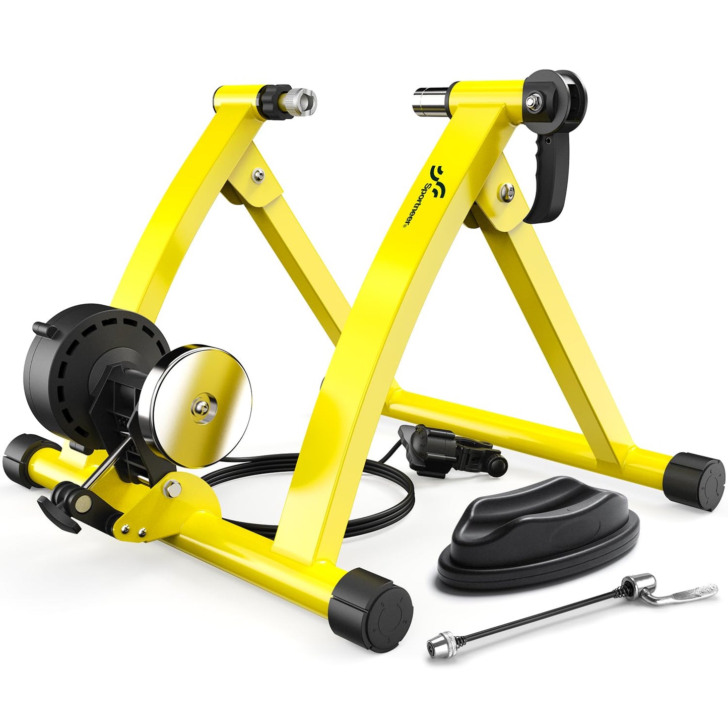 Sportneer Bike Trainer - Magnetic Indoor Cycling Trainer Stand for 26-28" & 700C Wheels, 6 Resistance Levels Stationary Bike Stand with Quick Release Lever & Front Wheel Riser Block Yellow