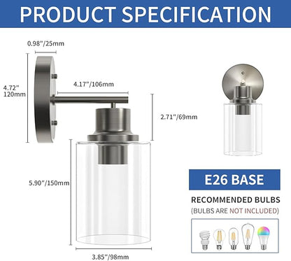 GORDNWE 1-Light Bathroom Wall Sconce, Brushed Nickel Vanity Light, Modern Wall Light Fixture with Clear Glass Shade and E26 Bulb Base, Wall Lamp Wall Mount Light Fixtures for Mirror, Bedroom, Hallway