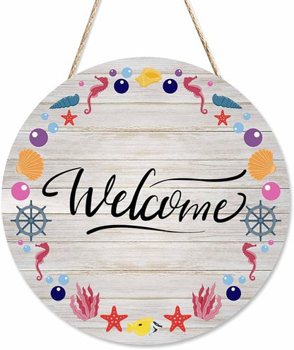 Welcome Front Door Sign Decor Nautical Marine Shell Pattern 12in Wooden Sign Suitable for Home/Wall/Porch Decoration