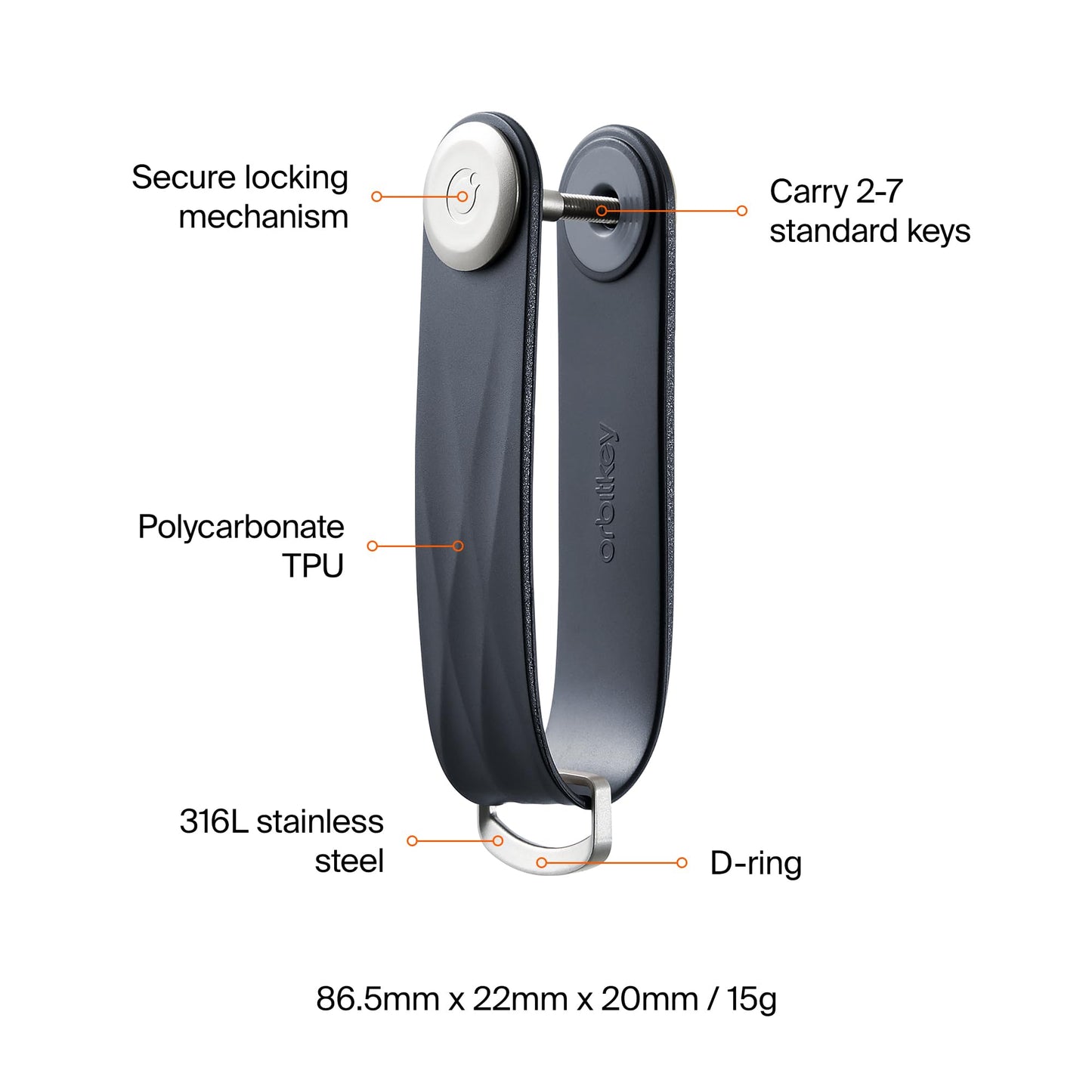 Orbitkey Active Key Organizer Lite – Durable Holder with Elastic Polymer Band, Carabiner Ring & Secure Locking Mechanism – Slim Pocket-Friendly Keychain for Everyday Carry & Travel (Midnight Blue)