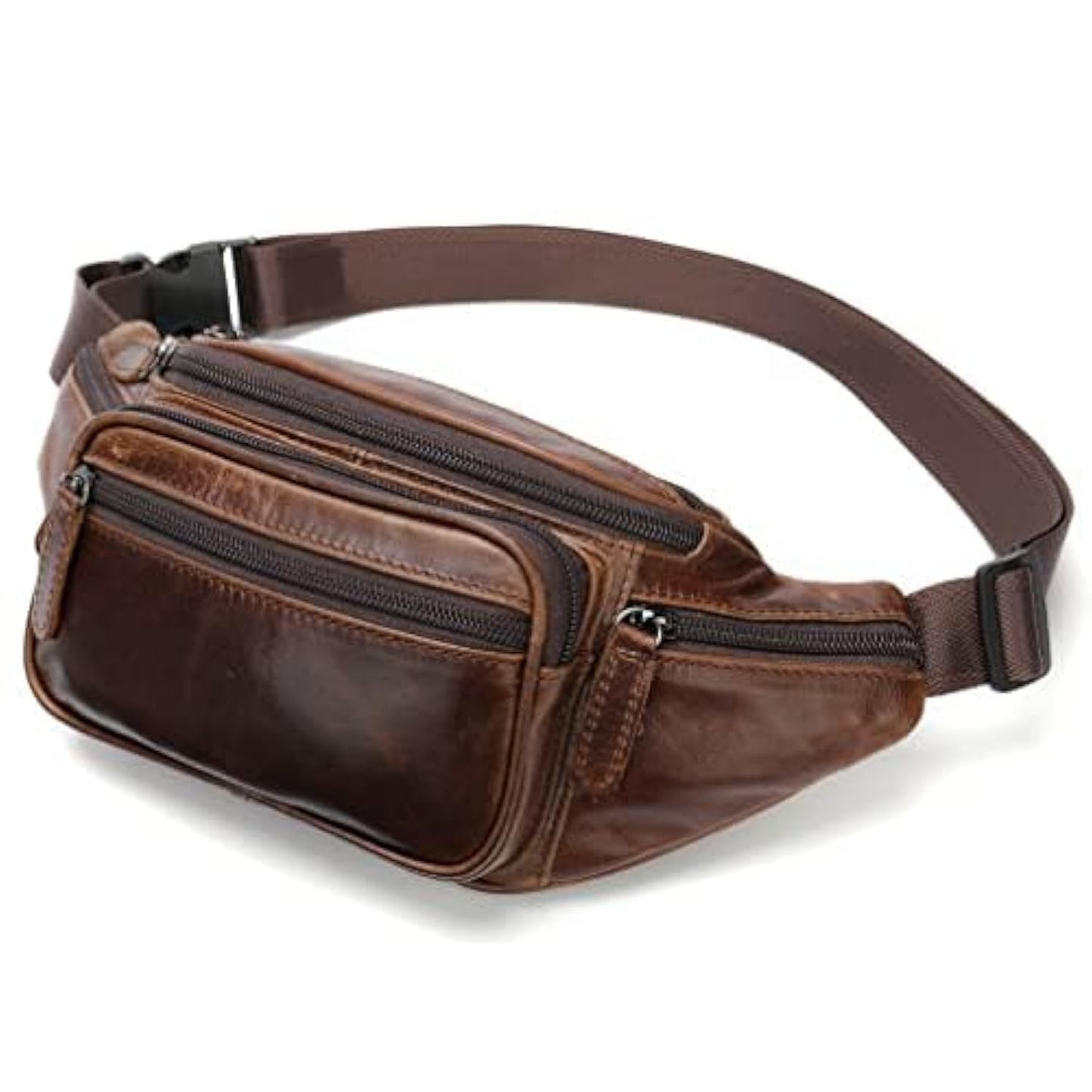Leather Fanny Pack Waist Bag for Men Women Outdoor Travel Hiking Camping Walking Running Hip Bum Belt Slim Cell Phone Purse Wallet Pouch Coffee