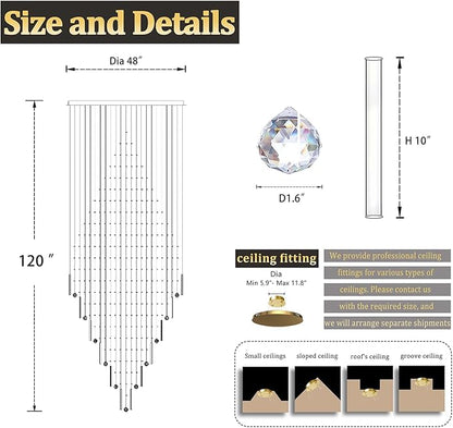 Flashing God D48''X H120'' Extra Large Chandeliers for High Ceilings Square Crystal Raindrop Gold Chandeliers Large Villa Chandelier Entrance Foyer Ceiling Light LED Dimmable 2700K-6000K