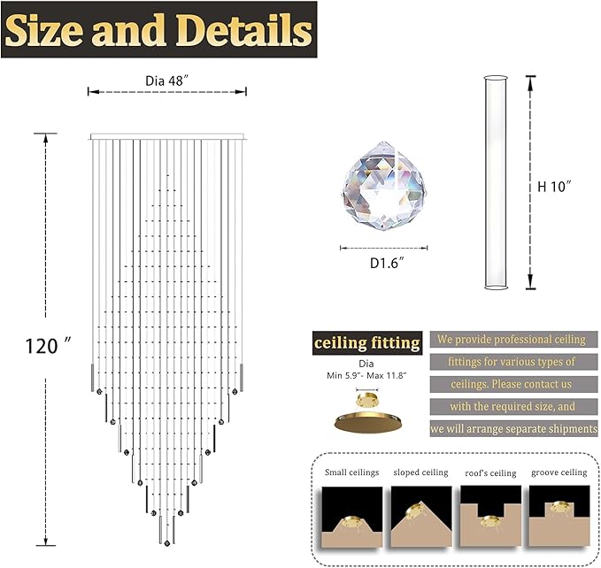 Flashing God D48''X H120'' Large Crystal Chandeliers for High Ceiling Square Crystal Raindrop Chandelier, Foyer Long Lighting Fixtures for Foyer Entryway Villa Silver ﻿
