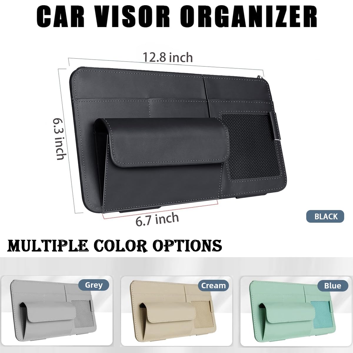 WiiLemz Car Visor Organizer, Multi-Pocket Sunvisor Storage with Sunglass Holder, Document Holder and Visor Card Clip, Fit for AUTO SUV & Truck, Leather Car Accessories Interior (Grey)
