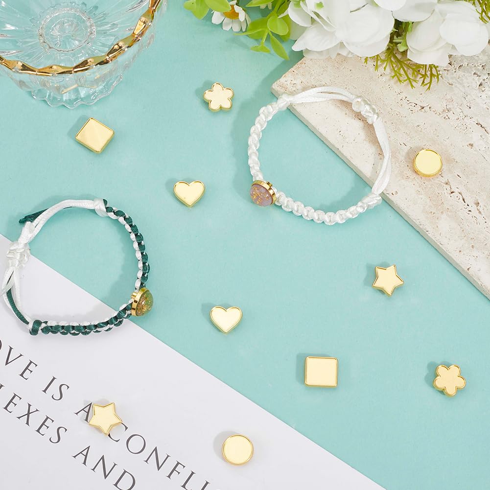SUNNYCLUE 1 Box 48Pcs 6 Styles Bezel Tray Settings Gold Slider Charm Bulk Round Star Butterfly Heart Blank Trays Metal 8mm Hole Slide Beads for Bracelets Jewelry Making Supplies DIY Crafts Wristbands
