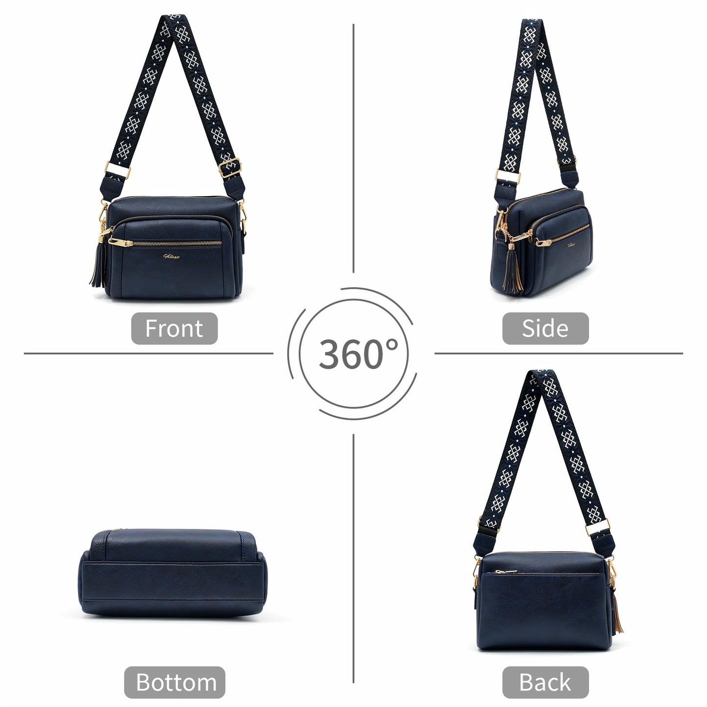 HILAEX Small Leather Crossbody Bags for Women Anti theft Purses and Handbag Shoulder Hangbag with Wide Strap Tassel Navy Blue
