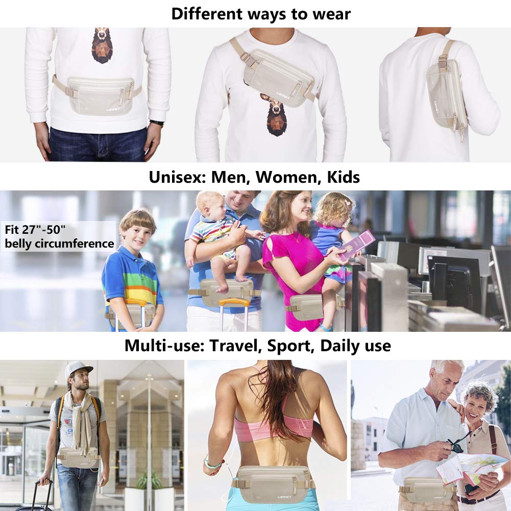 Travel Money Belt Hidden Waist Stash Wallet RFID Blocking Anti-Theft Passport Holder for Men Women, Cream