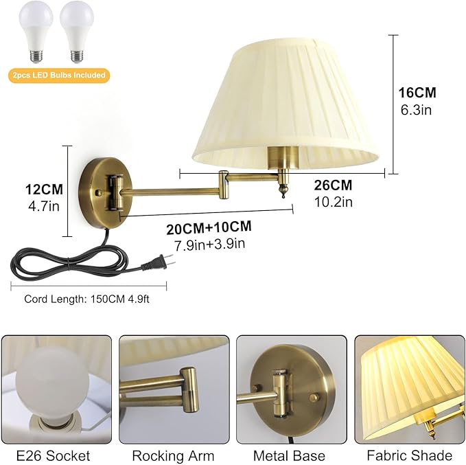 Indoor Wall Sconce Set of Two Swing Arm Wall Lamp Plug in Bronze Wall Light Fixtures with Beige Fabric Shade Bedside Lights for Bedroom Hallway Study Room Living Room Reading Light