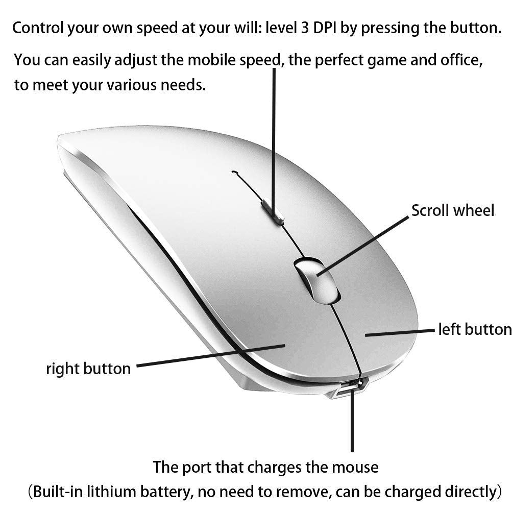 Bluetooth Wireless Mouse for Laptop mac MacBook ipad MacBook air MacBook pro pc Desktop Computer Windows Chromebook Notebook (Silver)