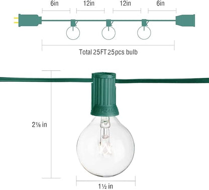 SUNSGNE 25Ft Christmas Round Lights, G40 Globe String Light with 27 Clear Bulbs, UL Certified for Outdoor Indoor Garden Party Wedding Pergola Backyard Patio Xmas Decoration, Green Wire