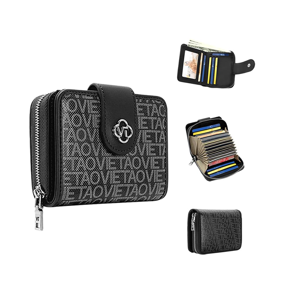 VelaStyle Credit Card Wallets for Women, Leather Cardholder with Zipper Around, Small Rfid Ladies Wallet, Accordion Compact Bifold Purse for Travel, 19 Card Slots, ID Window, Cash Organizer - Black