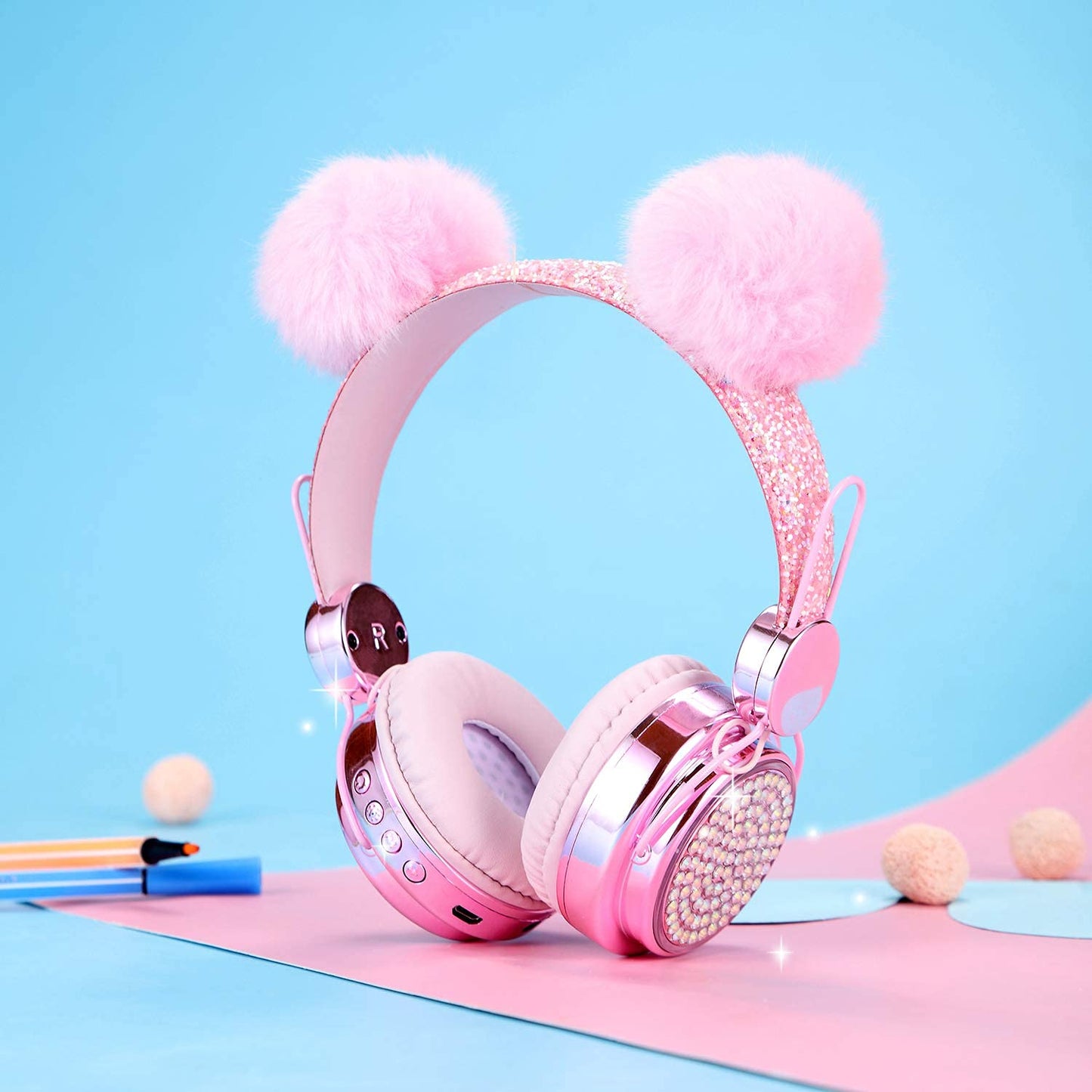 KORABA Wireless Girls Headphones Bluetooth, LED Light up Color Changing Kids Headphones with MIC, 10 Hours Anime Cute Headsets for School,Parties (Pink)