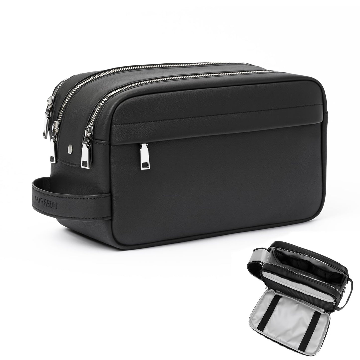 MIRASON Travel Toiletry Bag for Men Thickened Leather Travel Bag for Toiletries, Dopp Kit Water-resistant Shower Bag for Shaving Gym Bathroom Organizer Gifts for Men, Black
