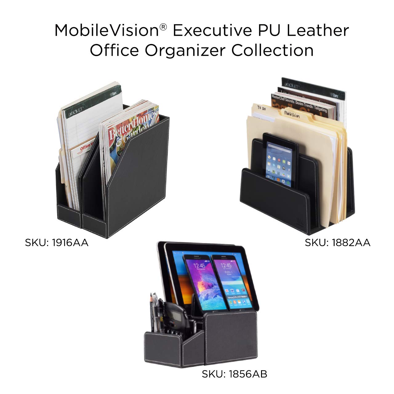MobileVision Executive Leather Vertical File Folder Holder & Office Product Organizer, Store Files, Magazines, Notepads, Books and more, 2 Pack Combo Set
