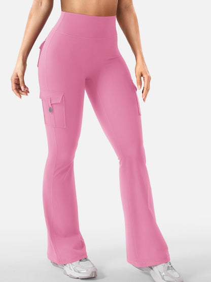 YEOREO CoreFlex Women Workout Flare Leggings with Pockets Hidden Scrunch High Waisted Cargo Gym Yoga Leggings Pink L