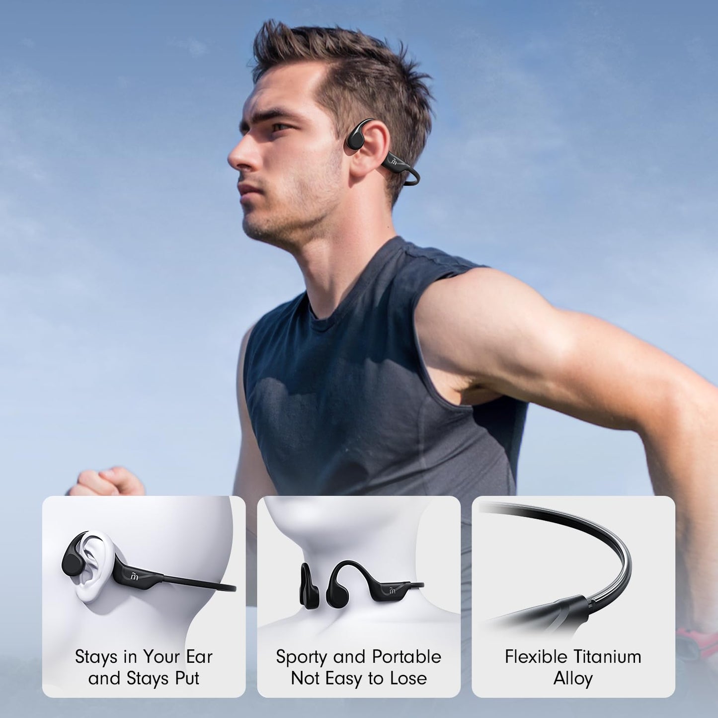 MRYTKY Bone Conduction Headphones,Open Ear Headphones Bluetooth5.4 with Mic,Wireless Headphones 10H Playtime, Waterproof Sport Headphone Suitable for Running,Cycling, Outdoor Sports Black