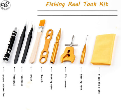 QUA'ANNYU Fishing Reel Maintenance Kit, Professional Fishing Reel Care & Repair Tool Set with 24/30/38-in-1 Screwdriver Set (Gold+Manual Screwdriver)