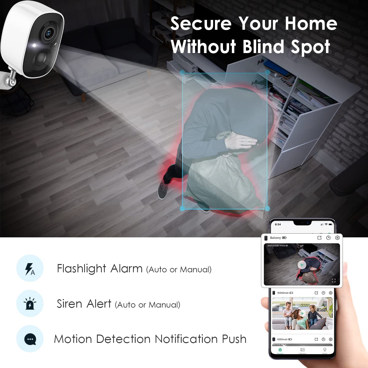 GMK Security Cameras Wireless Outdoor, 2K Color Night Vision AI Motion Detection 2-Way Talk Battery Powered 3MP WiFi Home Indoor Camera IP65 Waterproof Spotlight Siren Alarm Cloud/SD Storage 4-Pack
