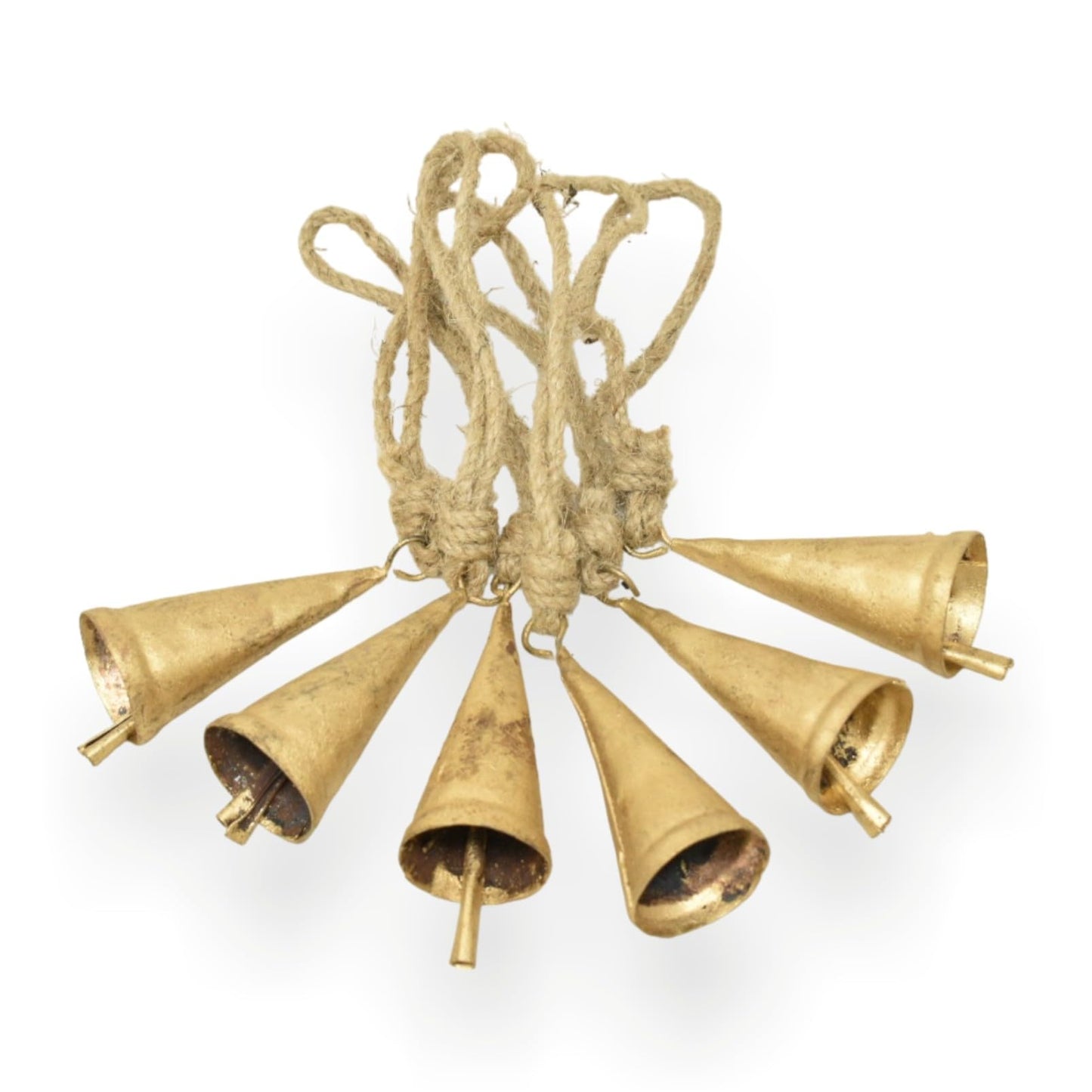 Christmas Bells for Decoration –Set of 6 Rustic Cow Bells for Hanging with Jute Rope – Gold Bells for Crafts - Tree Decoration Ornaments