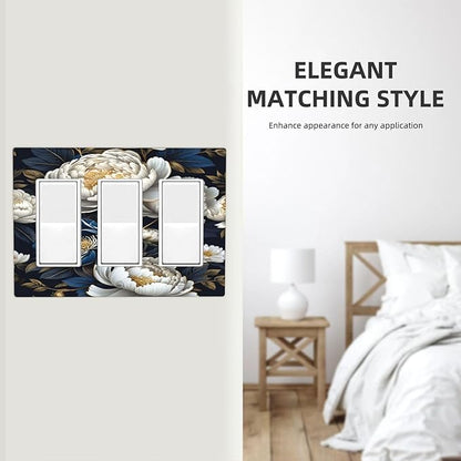White Gold Blue Flower 3 Gang Rocker Triple Outlet Wall Plate Decorative Switchplate Cover Faceplate GFCI Light Switch Covers for Farmhouse Living Decor