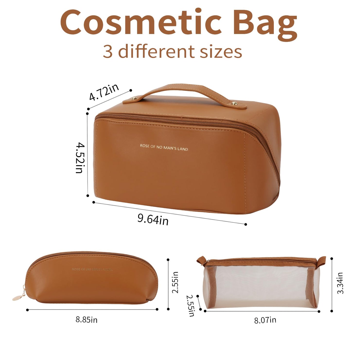 zaleeta 3 Pcs Travel Makeup Bag Portable Large Capacity Cosmetic Bags for Women Open Flat Makeup Case Organizer Bag Set of 3 Waterproof PU Leather Toiletry Bags with Divider and Handle (Brown, Medium)