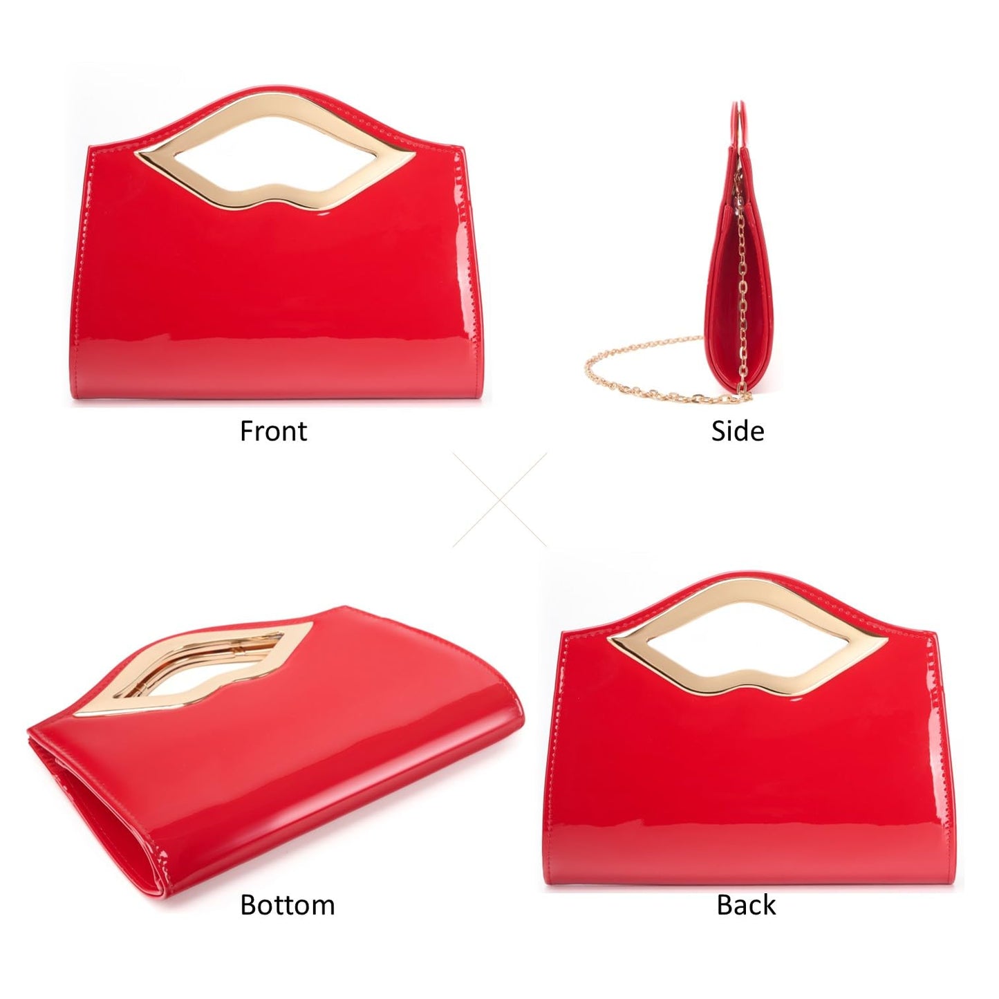 DETARA Patent Leather Evening Clutch Purse for Women Lip Metal Grip Handle Handbag for Cocktail Party Prom (Red 1386)