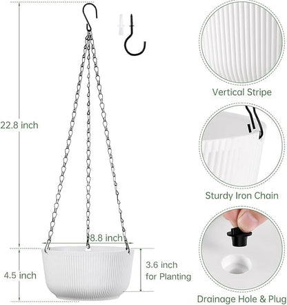 Set of 2 9 Inch White Self Watering Hanging Planters for Indoor Outdoor Plants, Thickened Hanging Flower Pots with Drainage Hole & Plug and 20" Chain Hanger