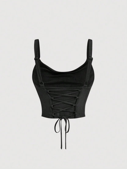 SOLY HUX Women's Cowl Neck Crop Camisole Top Lace Up Ruched Sleeveless Y2k Tops Plain Black Small