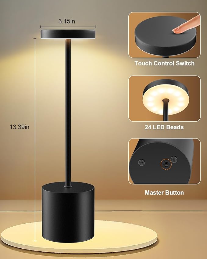Cordless Table Lamp Set of 2, Rechargeable 5000mAh Battery Powered Outdoor Table Lamps, Portable LED Desk Lamp, 3 Color Dimmable Light for Restaurant, Patio, Bedroom, Bedside Night Lamp(Black)