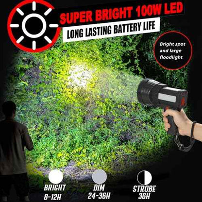 BIGSUN Q953 Rechargeable Spotlight Flashlight, 100,000 High Lumen LED with COB Flood Light, Built-in 10,000 mAh Li-Ion Battery for Patrol, Working, Hunting, Red Lens and Hands-Free Tripod Included