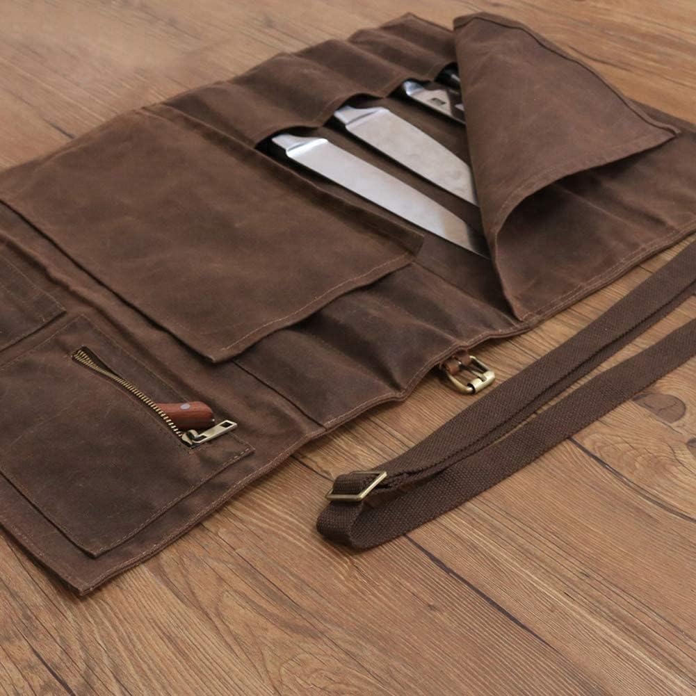 JDGHGB Chef Knife Roll Bag,Waxed Canvas Knife Bags with 10 Slots and 1 Zipper Pocket,Chef Bag for Chefs Professional Knife Roll Pouch with Shoulder Strap (Brown)